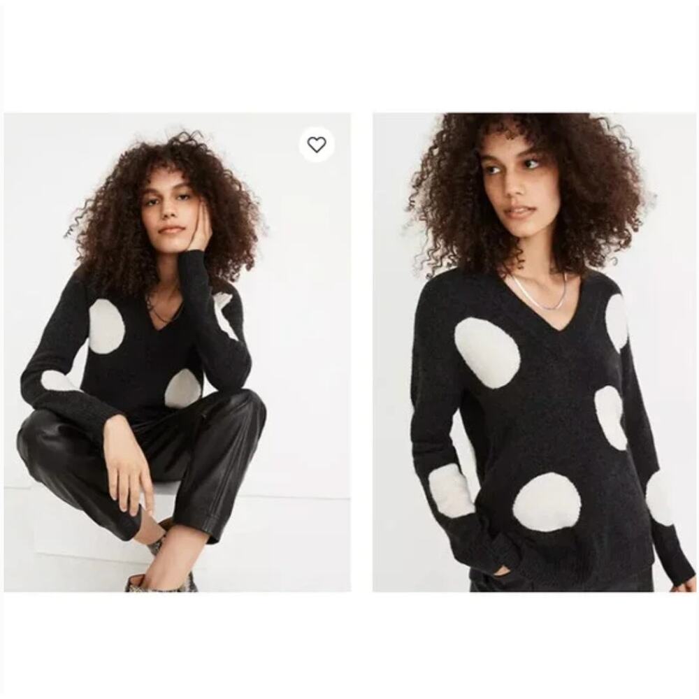 Madewell Wool Alpaca Blend Polka Dot Bartlett Coziest Yarn V-Neck Sweater size M